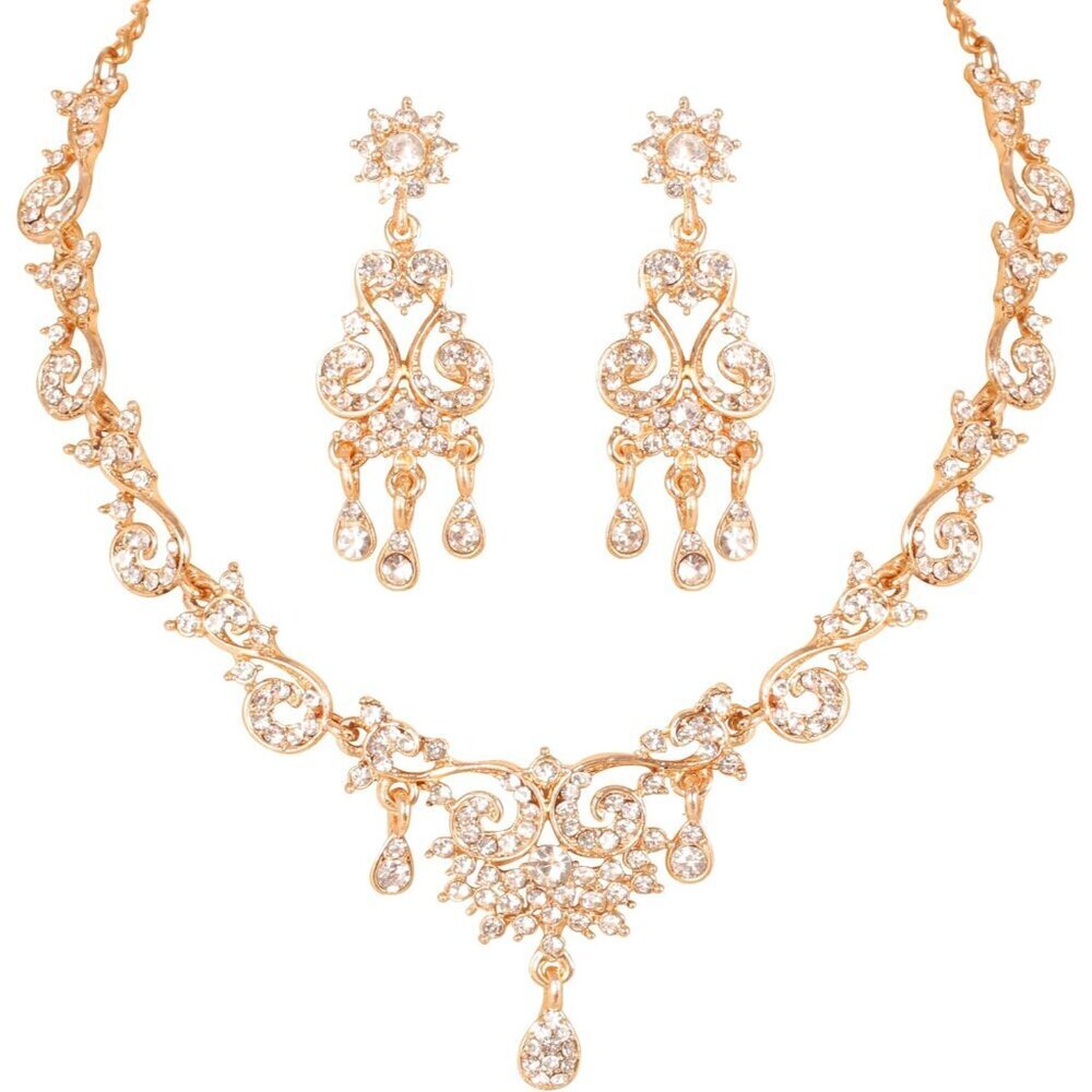 Indian Bollywood Rhinestone Necklace Set in Gold & White, Elegant Design